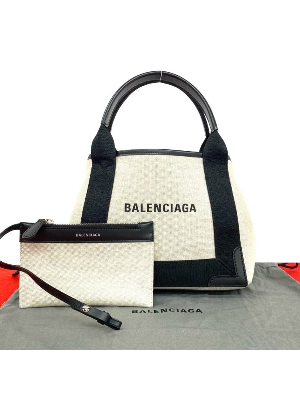 Balenciaga Navy Cabas Canvas Leather Handbag Mini Tote Black Ivory